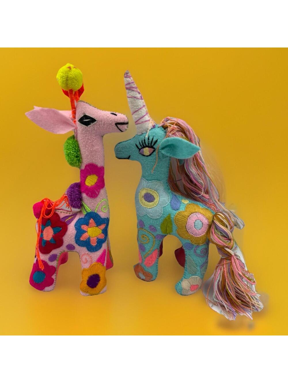 Embroidered Felt Stuffed Animal Winged Unicorn Pink Flowers Colorful Handmade